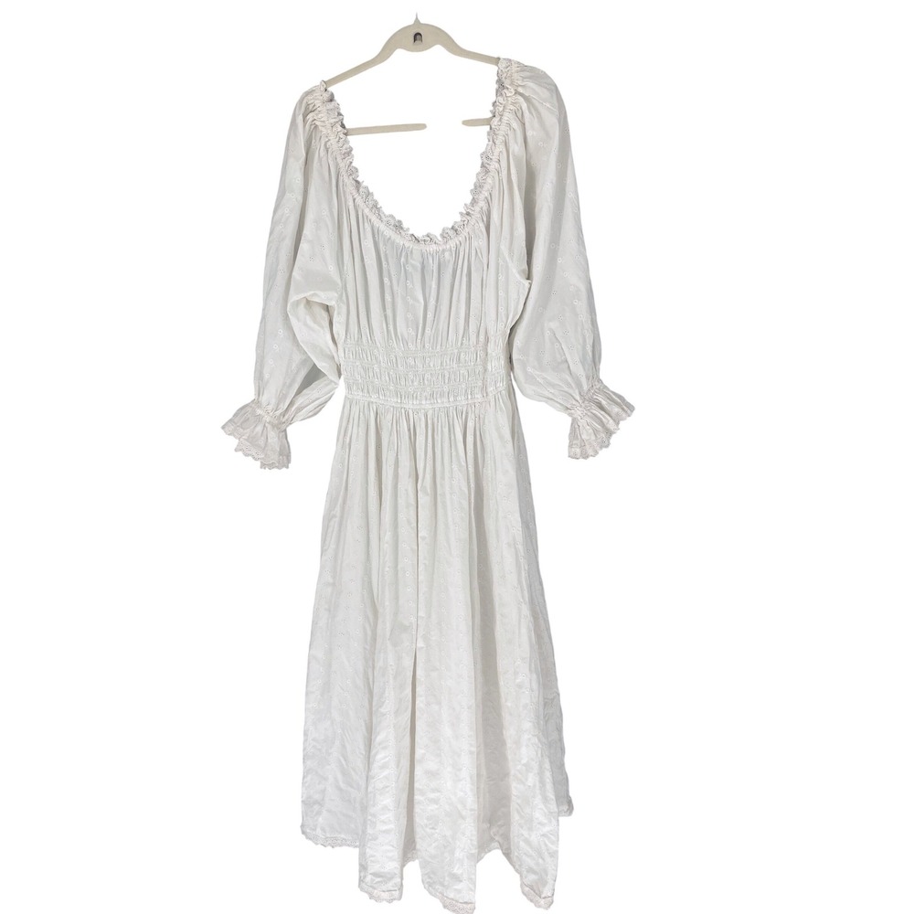 Doen Isolde Midi Dress Salt White Eyelet Cotton Smocked Puff Sleeve Womens XL - Picture 4 of 16